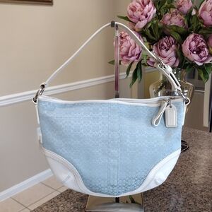 Coach Signature Mini C  Light Blue w/ White Leather Soho Hobo Shoulder